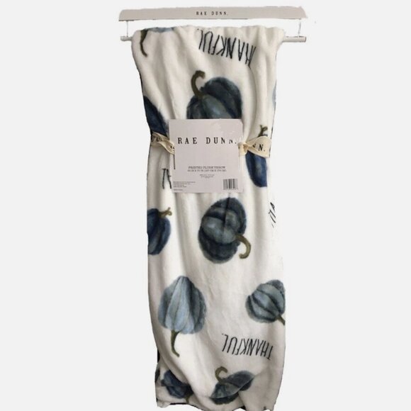 NEW Rae Dunn Blue Pumpkin THANKFUL Micro Fleece Throw Blanket Fall Harvest Decor - Picture 1 of 7